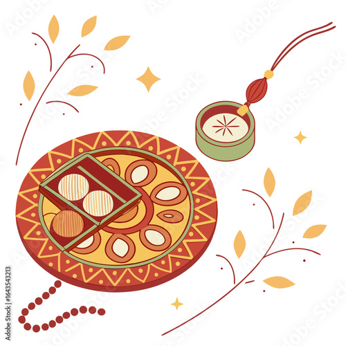 Festive indian raksha bandhan celebration with a decorated thali filled with sweets and a rakhi bracelet adorned with beads and a decorative charm