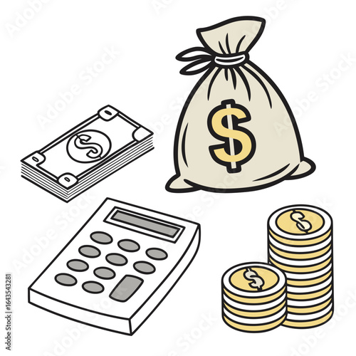 Cartoon illustration of a money bag with a dollar sign a stack of dollar bills a calculator and stacks of coins representing financial concepts and wealth accumulation