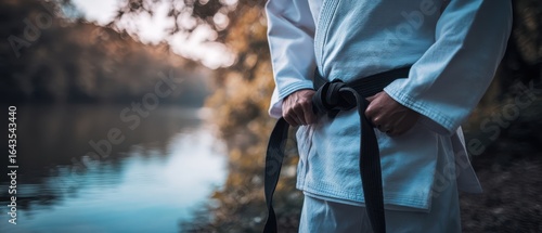 The Black Belt Samurai Practicing Martial Arts by a Serene River