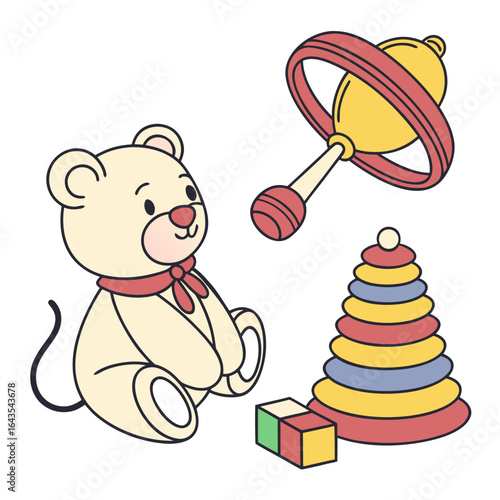 A charming collection of classic baby toys including a soft teddy bear a colorful stacking ring toy a wooden block and a classic rattle