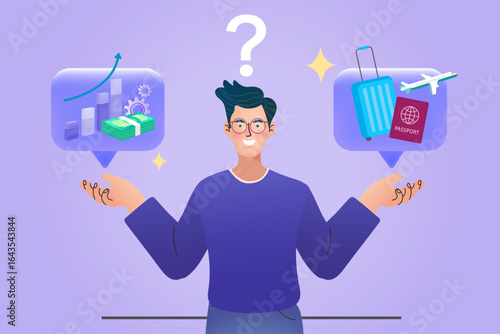 A man stands in confusion, weighing options between a career and travel. This illustration captures the dilemma of modern life and the pursuit of work-life balance.