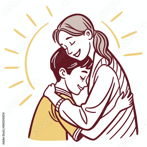 A mother and her son share a warm and loving embrace radiating with happiness and affection under a glowing sun symbol of warmth and positivity