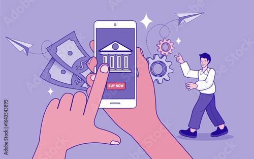 A man confidently uses a mobile banking app, surrounded by digital symbols of money and technology. The illustration captures the modern and convenient way of managing personal finances in the digital