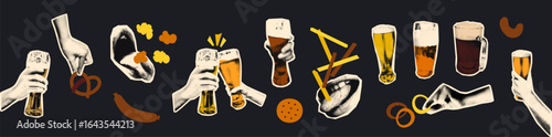 Trendy halftone collage elements set. Cut out hands holding glasses and beer mug and doodle snacks, pretzel, popcorn, cracker, french fries. Modern retro vector illustration for mixed media design