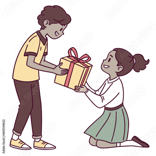 A boy happily gives a wrapped gift with a red ribbon to a girl kneeling and receiving it with joy and excitement