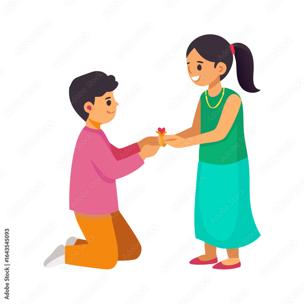 A young boy on his knees lovingly ties a rakhi bracelet on his sister s wrist celebrating the bond of sibling love A young boy on his knees lovingly ties a rakhi bracelet on his sister s wrist celebrating the bond of sibling love