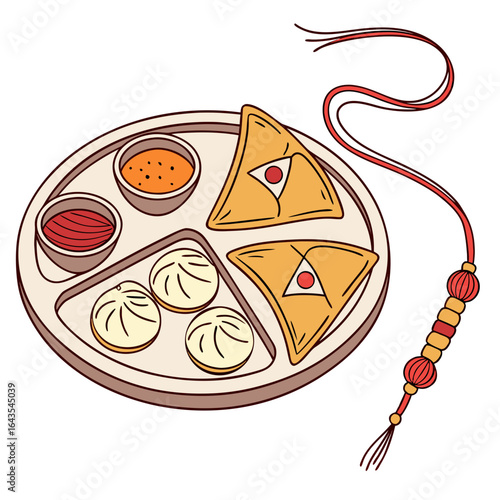 A festive thali platter with momos and samosas alongside a decorative rakhi symbolizing indian culture and celebrations