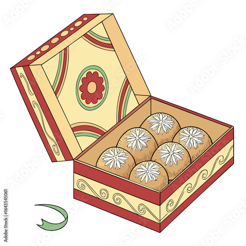 A beautifully decorated gift box filled with six round sweets each adorned with a white floral design with a green ribbon nearby