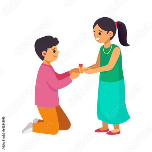 A young boy on his knees lovingly ties a rakhi bracelet on his sister s wrist celebrating the bond of sibling love