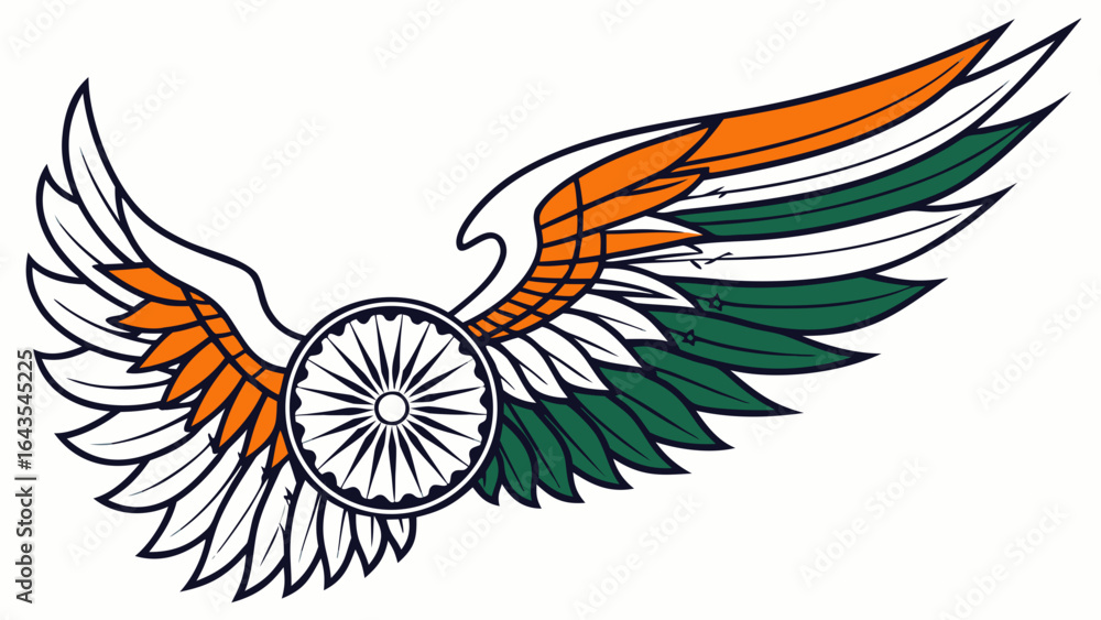 Obraz premium Freedom Wings Vector – Angel or bird wings in Indian tricolor with Ashoka Chakra center, perfect for patriotic Independence Day and Republic Day celebration designs.