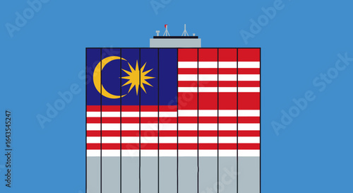 Skyscraper covered with a giant Malaysian flag design.