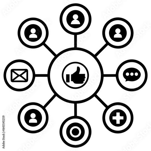 A central hub connects various icons representing social media engagement communication and user interaction in a network diagram