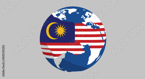 A globe wrapped with Malaysian flag elements.