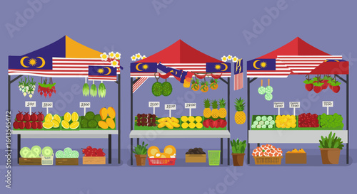 Various market stalls display fresh produce under colorful tents, with Malaysian flags flying above.