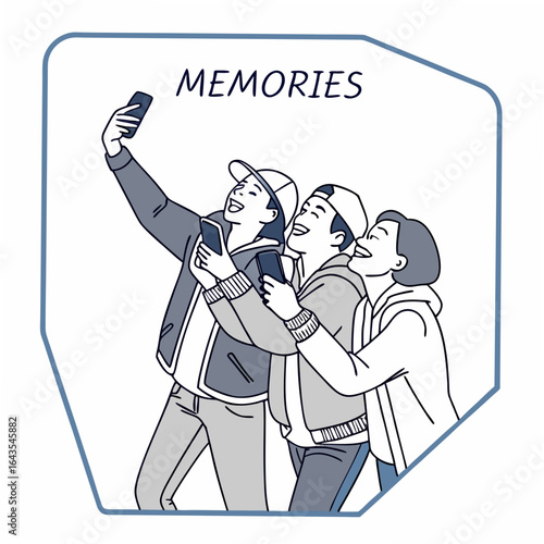 Three happy friends taking a selfie together on their smartphones capturing a joyful moment and creating lasting memories