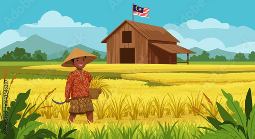 A smiling farmer harvests golden rice in a lush paddy field with a Malaysian flag flying above a wooden barn.