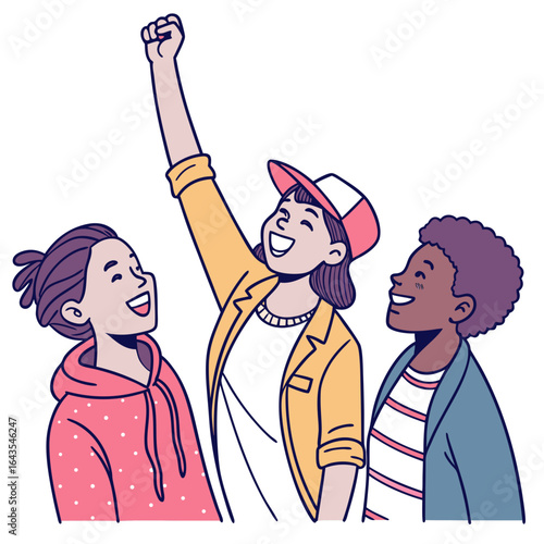 Three diverse young women smiling and looking up with one raising her fist in a gesture of triumph and celebration