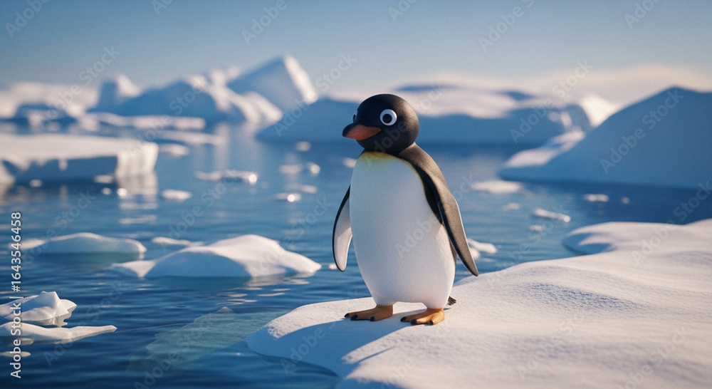 Obraz premium Playful Pingu at the Arctic edge: a dreamlike close-up amidst shimmering ice and endless polar waters.