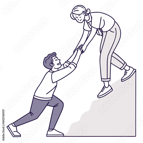 Man and woman helping each other climb a hill symbolizing teamwork support and achieving goals together