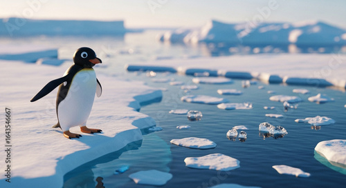  Playful Pingu at the Arctic edge: a dreamlike close-up amidst shimmering ice and endless polar waters.