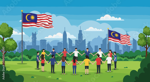 People of different backgrounds hold hands in a large circle on grass with Malaysian flags in the background.