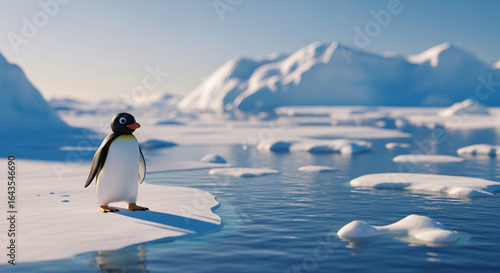  Playful Pingu at the Arctic edge: a dreamlike close-up amidst shimmering ice and endless polar waters.