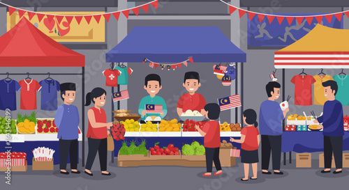 A vibrant market scene with stalls selling fruits and vegetables, decorated with Malaysian flags.
