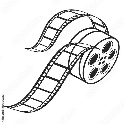 A classic black and white illustration of a film reel with a strip of film unwinding in a dynamic curved motion against a white background