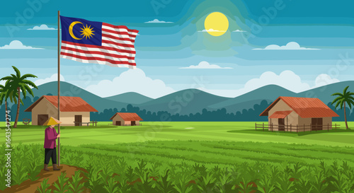 A smiling farmer harvests golden rice in a lush paddy field with a Malaysian flag flying above a wooden barn.