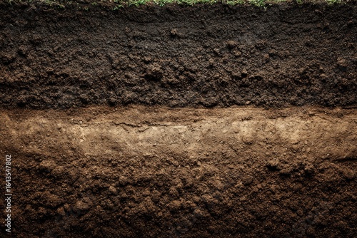 Layered soil strata.  Close-up view of earth layers,  dark and light brown tones, showing distinct soil horizons.  Top layer rich in organic matter.  Natural earth texture visible