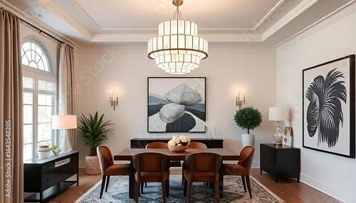 Art Deco inspired decor a minimalist chandelier and a black and