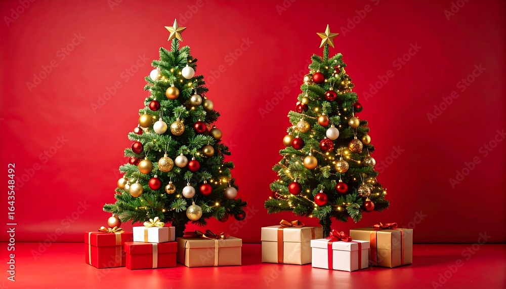 Two Christmas trees adorned with ornaments and star on a bright red background Two Christmas trees adorned with ornaments and star on a bright red background