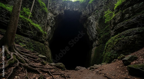 Enigmatic Cave Entrance Dark Abyss Surrounded by Mossy Cliffs and Tree Roots.
