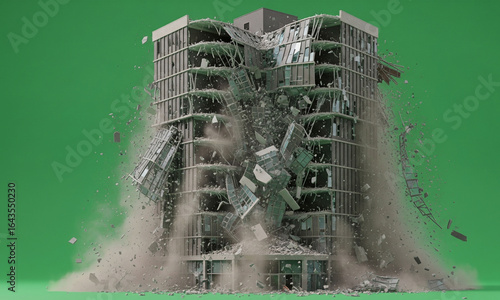 This is an image of a building in a state of collapse against a green screen.

