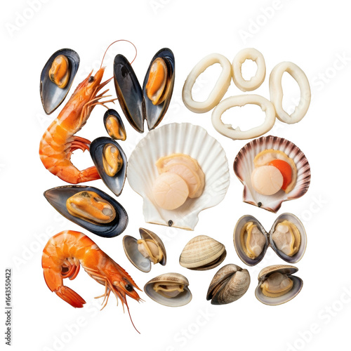Wallpaper Mural Meticulously arranged fresh Frutti di Mare: vibrant cooked shrimp, plump mussels, calamari, scallops, clams, on a clean transparent studio background, shadowless. Concept for high-end commercial food Torontodigital.ca