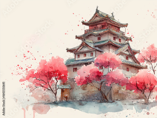Japanese cultural tour cover, geisha, samurai castle, sakura trees, watercolor style, peaceful atmosphere, centered composition
