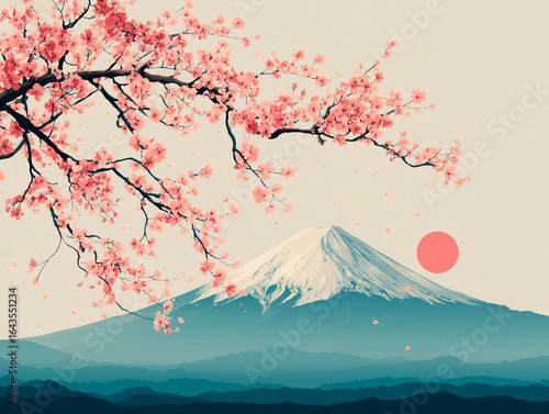 
Simple vector illustration of Mount Fuji with cherry blossoms, flat style, minimal colors

