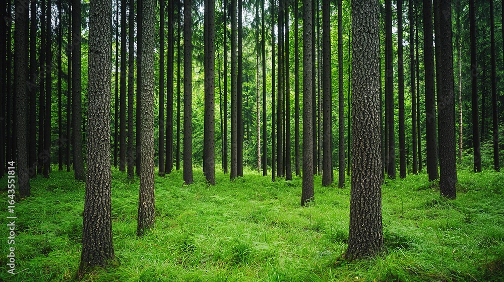 Naklejka premium Lush green forest with tall, slender trees, creating a serene and tranquil atmosphere, surrounded by vibrant undergrowth.