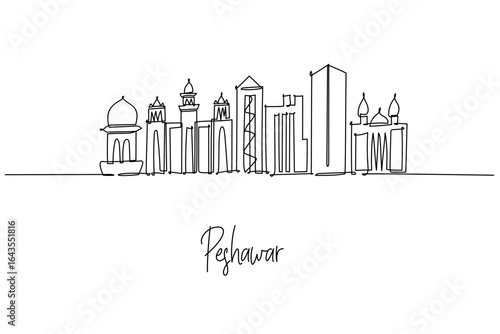 Elegant one line drawing of Peshawar city skyline in Pakistan, featuring Bala Hisar Fort, Mahabat Khan Mosque and Islamia College; a city skyline concept themed around Khyber heritage and trade.