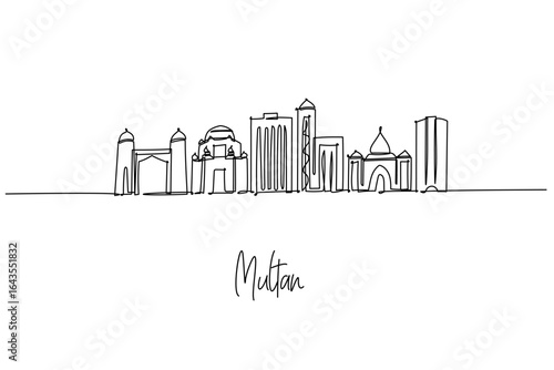 Elegant one line drawing of Multan city skyline in Pakistan, featuring Shah Rukn e Alam mausoleum, Ghanta Ghar and Multan Fort; a city skyline concept themed around Punjab's Sufi heritage and trade