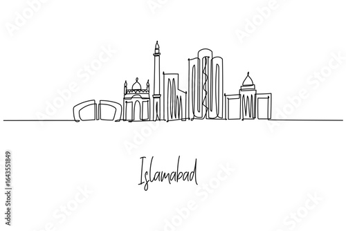 Minimalist single line drawing of Islamabad city skyline, featuring Faisal Mosque, Pakistan Monument, modern towers; a city skyline concept themed around Pakistan’s capital culture and Margalla hills.
