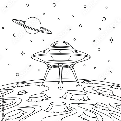 Futuristic alien spacecraft lands on a desolate lunar surface under a ringed planet, depicting an otherworldly extraterrestrial encounter in cosmic exploration.