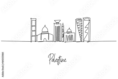 One line drawing of Palestine city skyline, with Dome of the Rock mosque, Ramallah towers and sleek arches; a city skyline concept themed around Palestinian heritage and peaceful life.