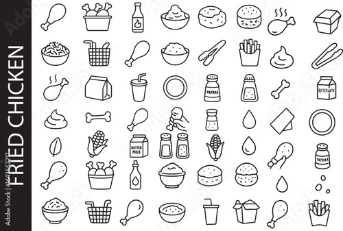 Fried Chicken Restaurant Vector Icon Set 🍗: Drumsticks, buckets, fries, and biscuits. Perfect for fast food menus, delivery apps, and branding.