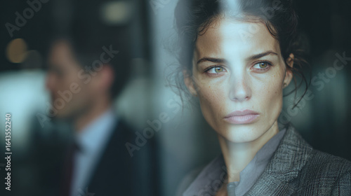 Wallpaper Mural Introspective woman gazes through the glass, her gaze distant, perhaps contemplating the future amidst a backdrop of urban life, reflecting a moment of pause. Torontodigital.ca
