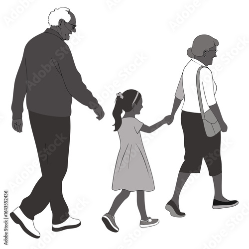 grandparents walking with granddaughter vector silhouette Illustration