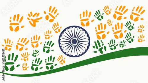 Handprint Flag Art Vector – Creative Human Handprints Forming Indian Flag Pattern with Ashoka Chakra, Bright Tricolor Design for Independence Day Celebration

