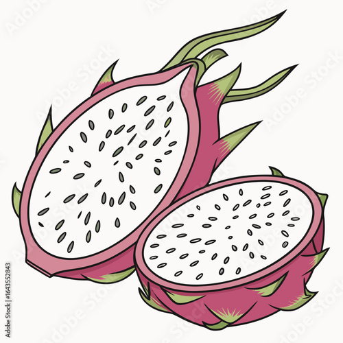 A bright and detailed cartoon rendition of sliced dragon fruit halves