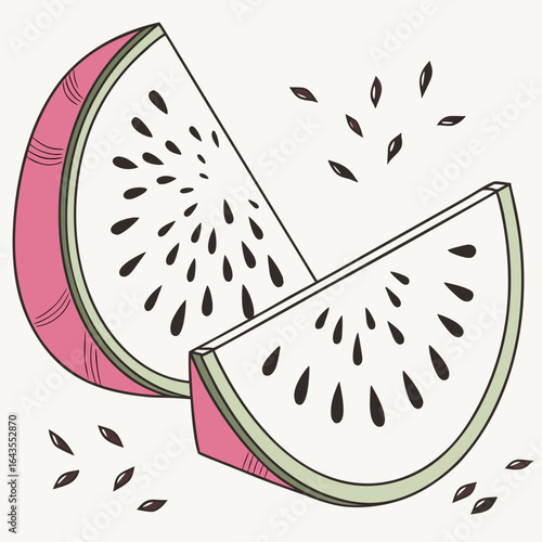 Two slices of white dragon fruit with seeds scattered around the pieces