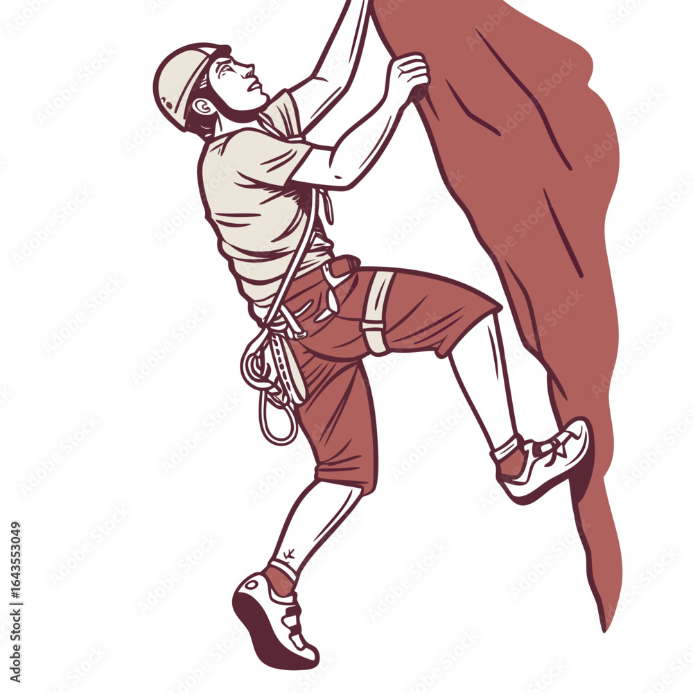 Fototapeta premium Vector illustration of a rock climber ascending a cliff face with determination